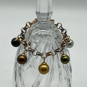 Two-Tone Chain Bracelet with Gold and Silver and Multicolor Pearl Charms